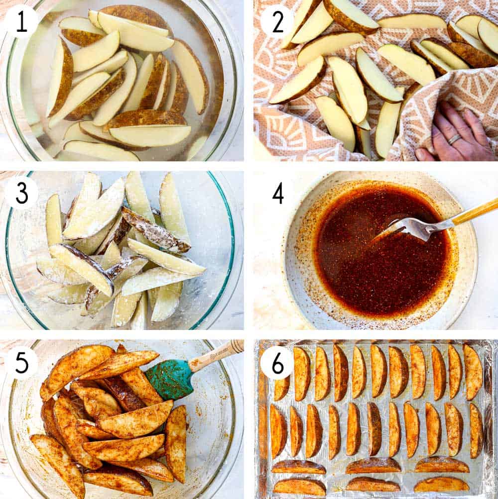 a collage showing how to make potato wedges: 1. soak potato wedges in water, 2. dry potato wedges with a towel, 3. toss the wedges with cornstarch in a bowl, 4. whisk together the oil and spices, 4. toss the potato wedges with the oil/spices mixture, 5. line the potato wedges on a baking sheet to bake in the oven
