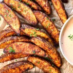 top view of potato wedges showing the deeply golden color