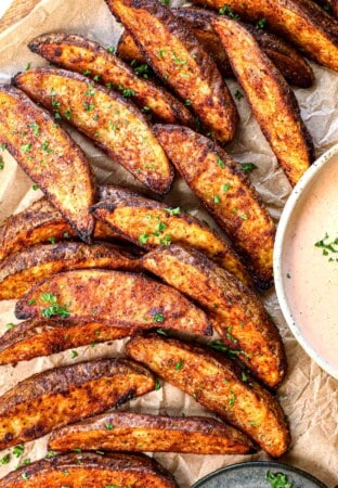 top view of potato wedges showing the deeply golden color