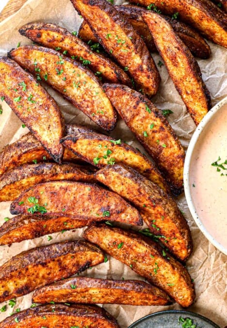 top view of potato wedges showing the deeply golden color