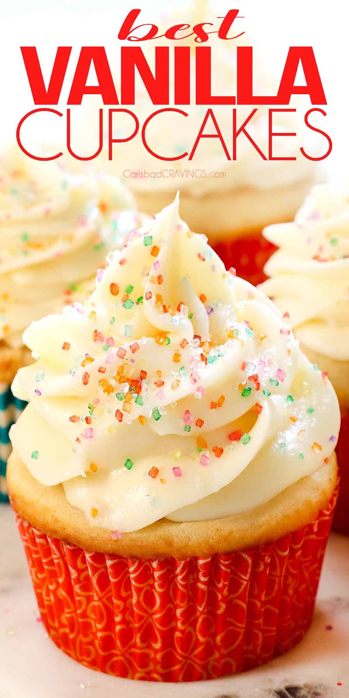 up close of vanilla cupcake recipe frosted with vanilla cream cheese frosting and topped with sprinkles
