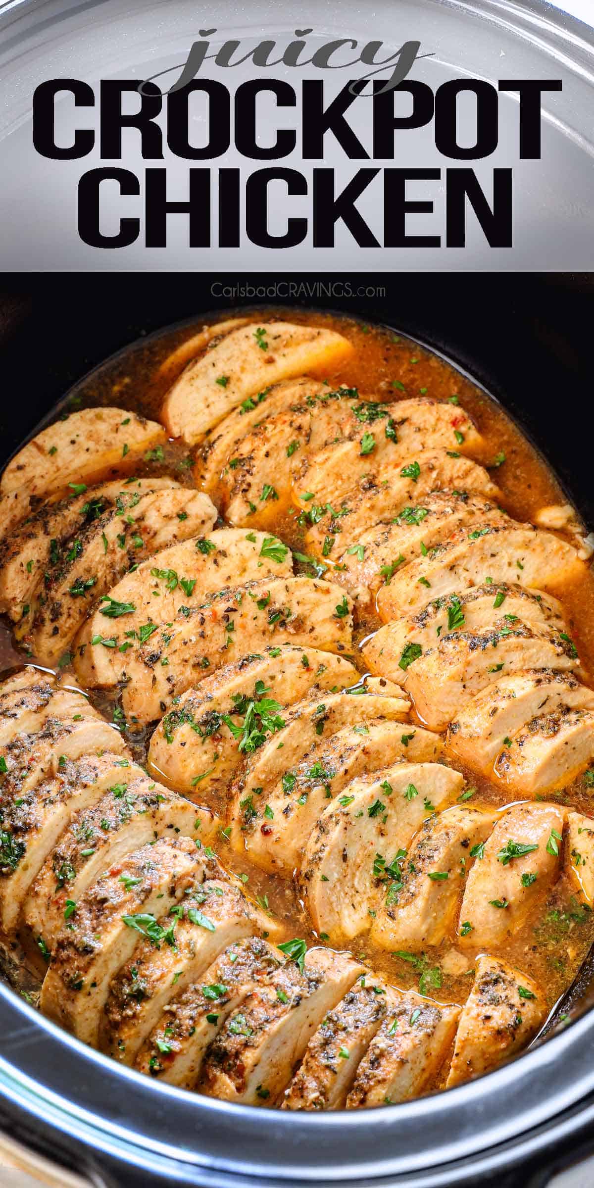 top view of crockpot chicken breasts sliced in a crockpot