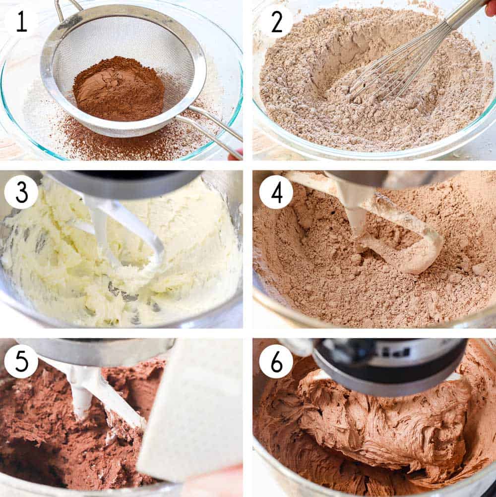 a collage showing how to make chocolate frosting recipe by 1. sifting the cocoa powder and powdered sugar together, 2. whisking the cocoa powder and powdered sugar together, 3. creaming the butter until fluffy, 4. adding the cocoa/powdered sugar mixture, 5. adding the heavy creamy, 6. beating in the heavy cream