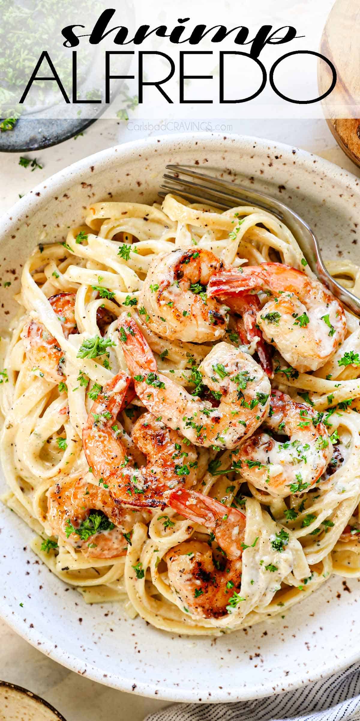 serving shrimp alfredo pasta recipe in a pasta bowl garnished with parsley